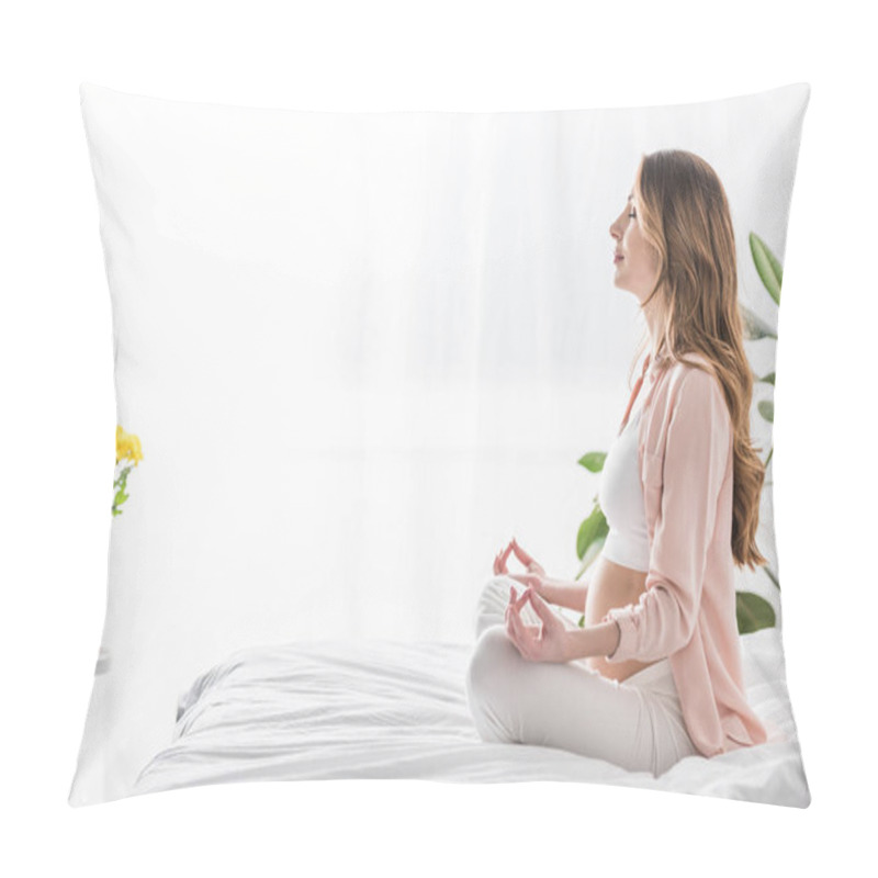 Personality  Side View Of Pregnant Woman Meditating With Closed Eyes Pillow Covers