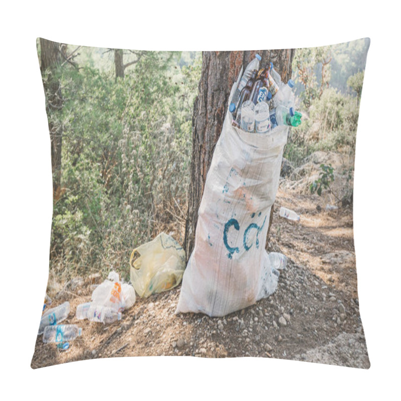 Personality  06 September 2020, Tazi Canyon, Turkey: Large Bag Of Garbage And Waste In A Nature Park In The Woods. The Inscription In Turkish Language On The Bag - Garbage. Pillow Covers