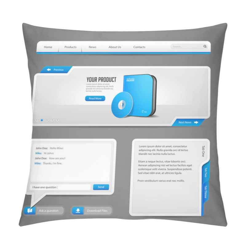 Personality  Web UI Controls Elements Gray And Blue On Dark Background: Navigation Bar, Buttons, Slider, Message Box, Chat, Menu, Tabs, Input Text Area, Search, Scroll, Download, Tooltip Pillow Covers