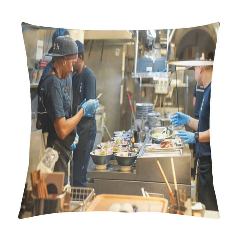 Personality  NEW YORK - NOVEMBER 8, 2024: Cooks In The Kitchen Of Tonchin Tokyo-based Ramen Chain Restaurant In Midtown Manhattan, New York Pillow Covers