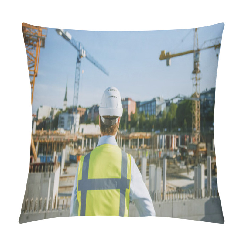 Personality  Confident Bearded Head Civil Engineer-Architect In Sunglasses Is Standing Outside With His Back To Camera In A Construction Site On A Bright Day. Man Is Wearing A Hard Hat, Shirt And A Safety Vest. Pillow Covers