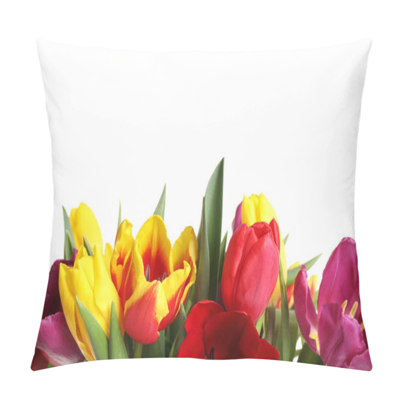 Personality  Beautiful Bright Spring Tulips On White Background Pillow Covers