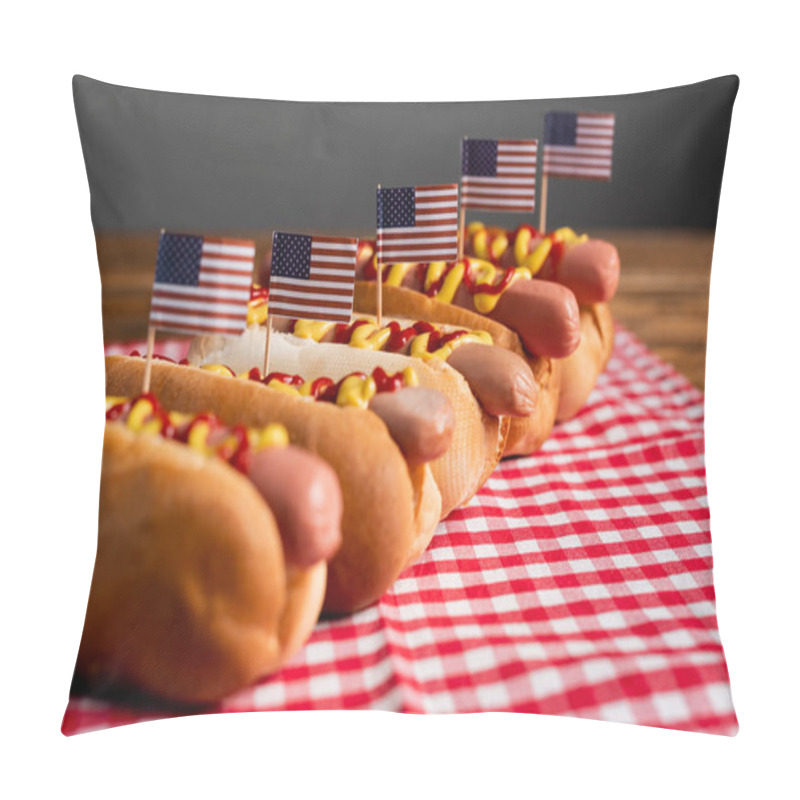 Personality  Tasty Hot Dogs With Sauces And Small American Flags On Checkered Table Napkin Isolated On Grey Pillow Covers