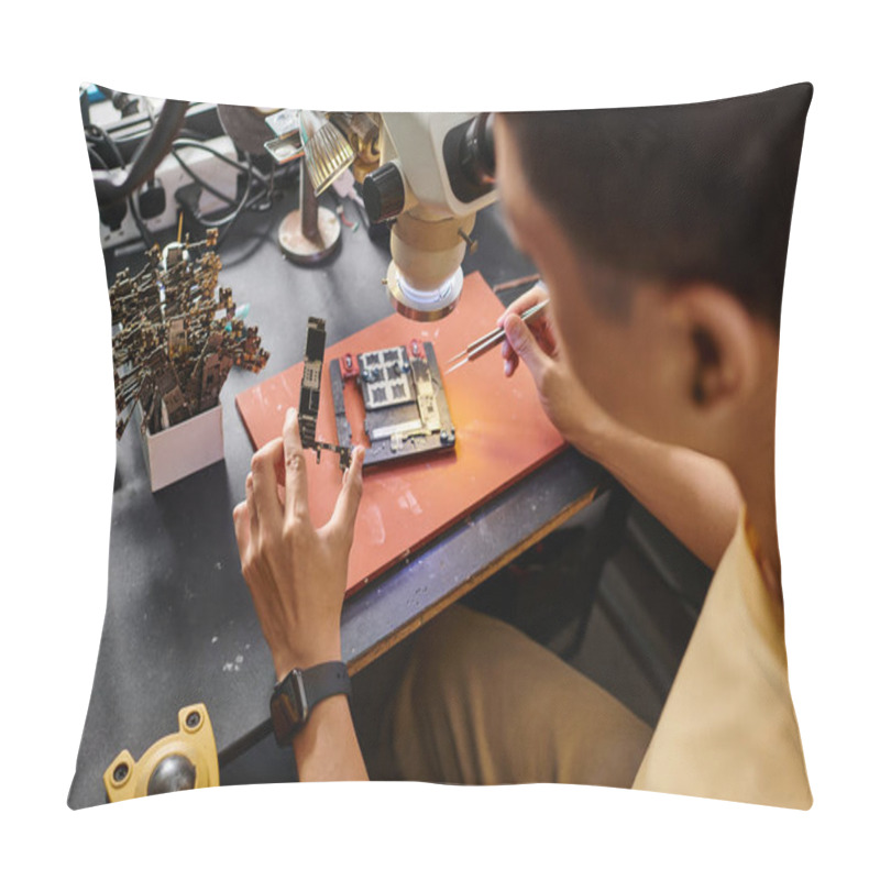 Personality  Experienced Technician Working With Electronic Equipment In Modern Repair Shop, Small Business Pillow Covers