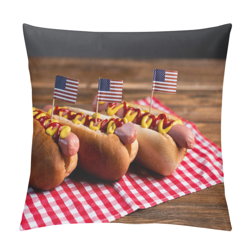 Personality  Delicious Hot Dogs With Small American Flags And Checkered Napkin On Wooden Table Isolated On Grey Pillow Covers