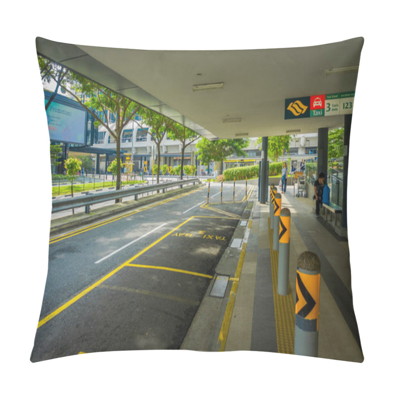 Personality  SINGAPORE, SINGAPORE - JANUARY 30, 2018: Outdoor View Of Parking Area At Outside Of A Building With Unidentified People Walking In The Sidewalks At Mass Rapid Transit MRT Train Pillow Covers