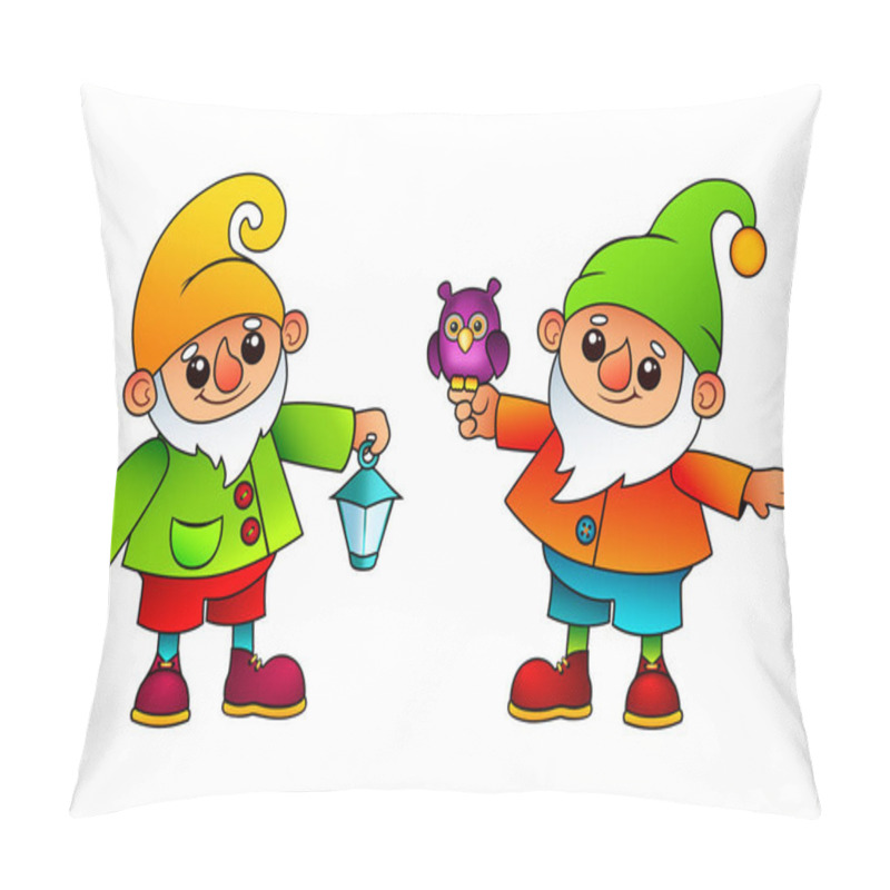 Personality  Cute Cartoon Garden Gnomes With Owl And Lantern On A White Background. Greeting Card With Fairy Tale Persons. Isolated Vector Illustration. Pillow Covers