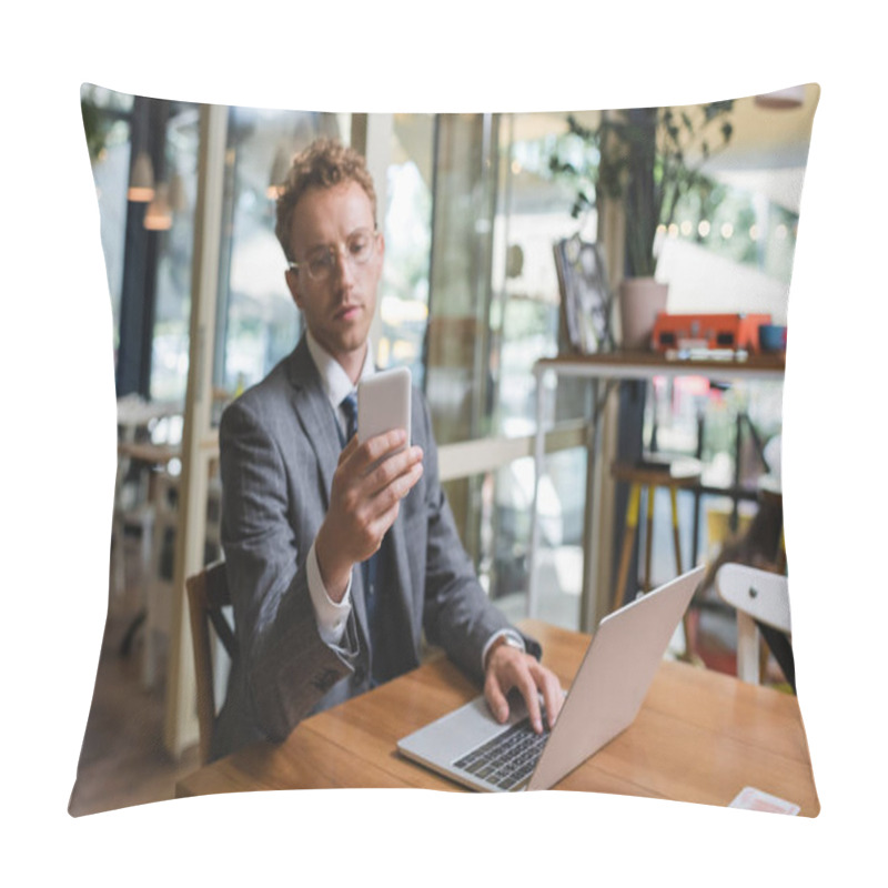 Personality  Curly Businessman In Suit And Glasses Using Smartphone Near Laptop In Cafe Pillow Covers