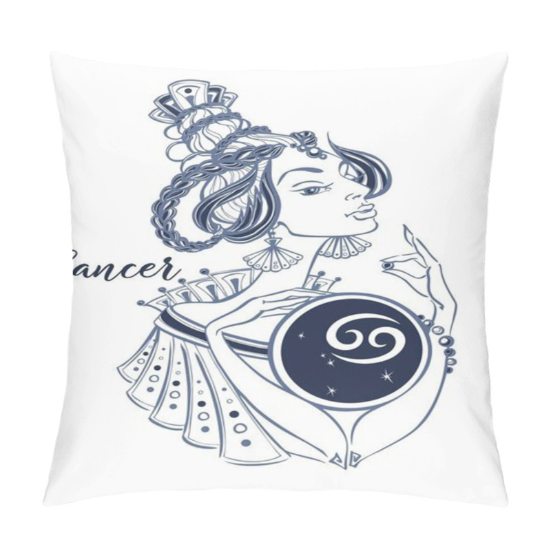 Personality  Cancer Astrological Sign As A Beautiful Girl. Zodiac. Horoscope. Astrology. Vector Pillow Covers