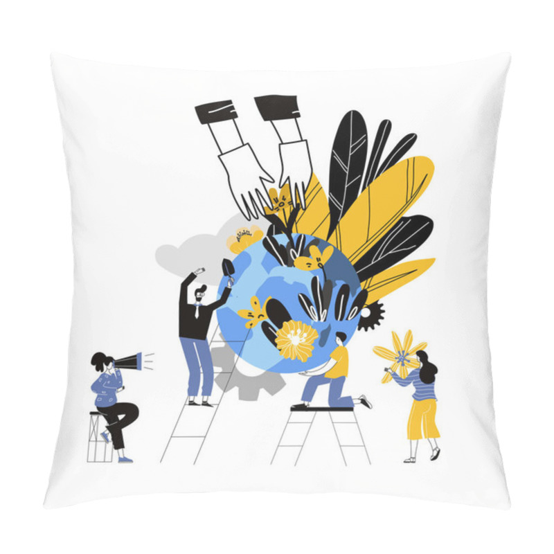 Personality  Vector Flat Illustration, Small People Prepare For The Holiday, Save The Planet From Pollution, World Environment Day, Bio Technology, In The Big Hand The Earth With A Plan Pillow Covers