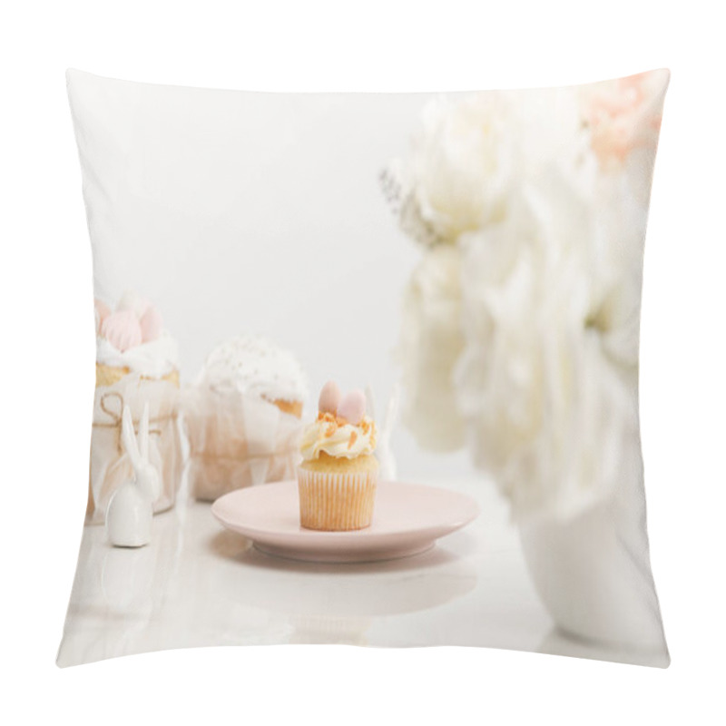 Personality  Selective Focus Of Cupcake On Plate, Decorative Rabbits, Easter Cakes And Vase With Bouquet On White Background Pillow Covers