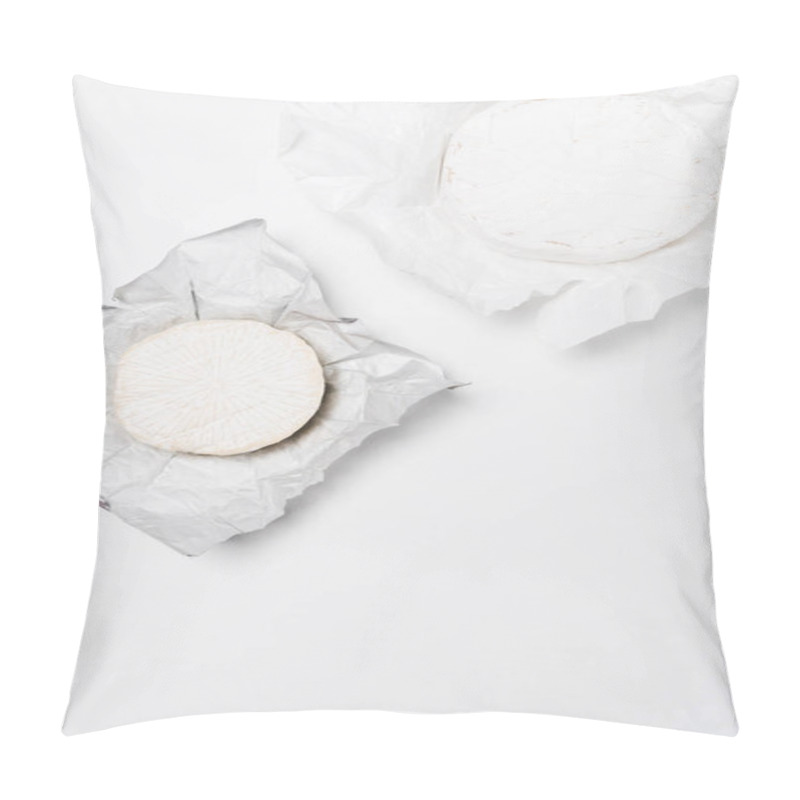 Personality  Top View Of Brie Cheese Heads On Crumpled Paper And On White Surface Pillow Covers