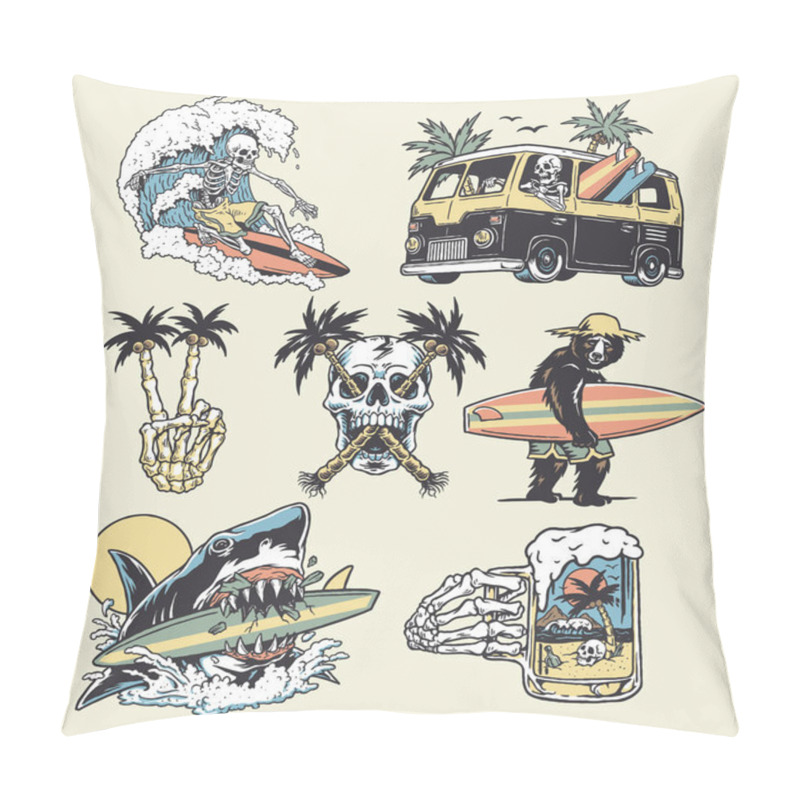 Personality  A Set Of Edgy Surf And Beach Illustrations. For T-shirts, Stickers And Other Similar Products. Pillow Covers