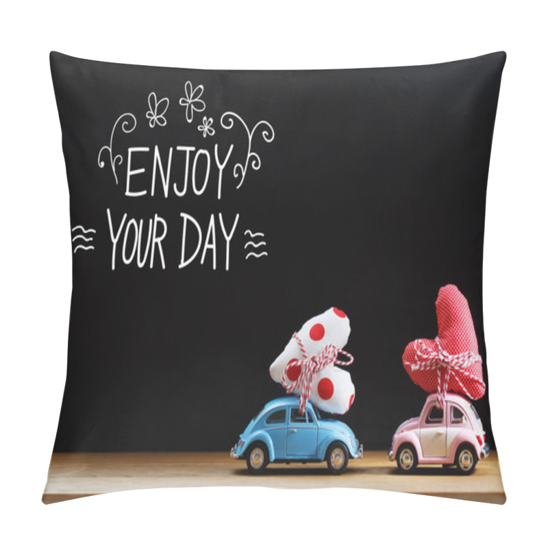 Personality  Enjoy Your Day Message With Pink And Blue Cars  Pillow Covers