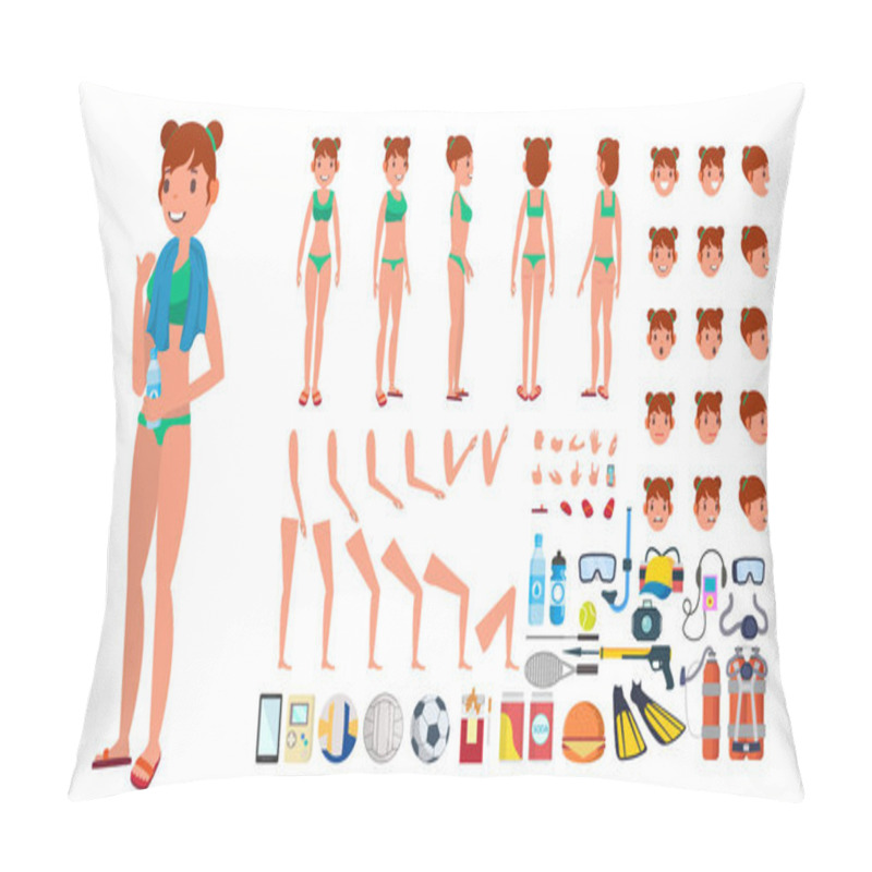 Personality  Woman In Swimsuit Vector. Animated Female Character In Swimming Bikini. Summer Beach Creation Set. Full Length, Front Side Back View. Poses, Face Emotions, Gestures. Isolated Flat Cartoon Illustration Pillow Covers