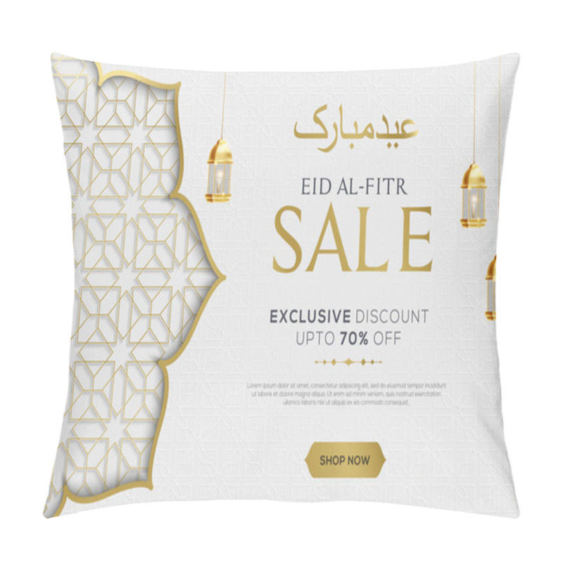 Personality  Eid Al Fitr Mubarak Banner With Hanging Lantterns On White Islamic Pattern Background. Modern Trendy Banner Or Poster Design Pillow Covers