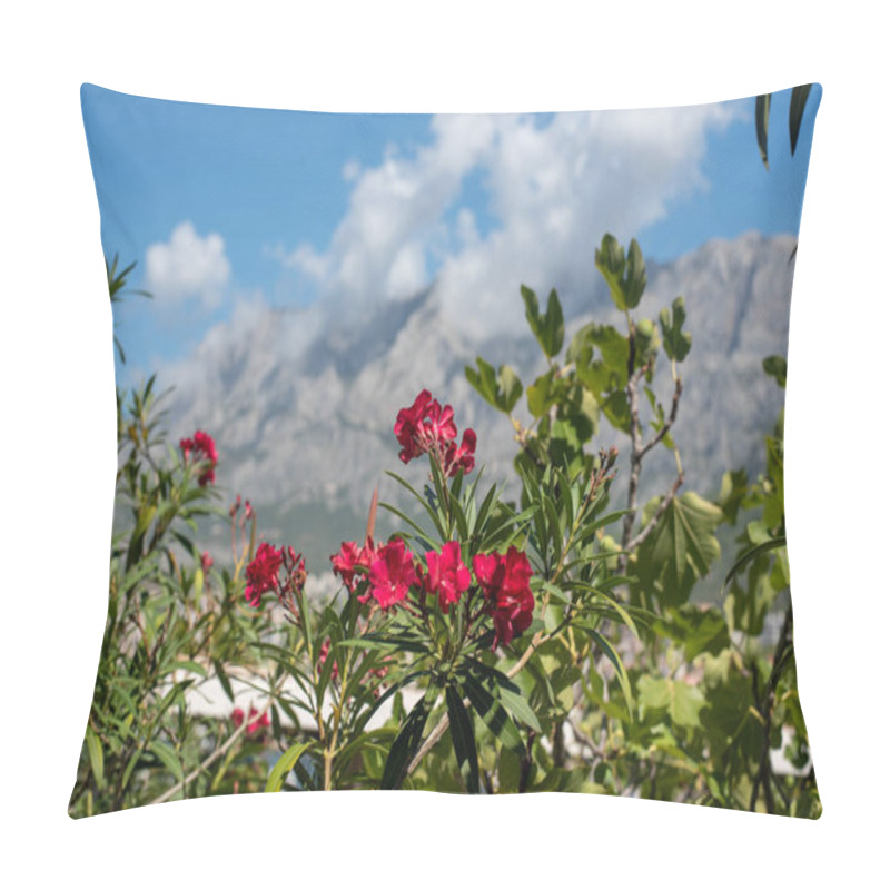 Personality  Red Oleander Blossoms Against The Backdrop Of Mountains In The Makarska Riviera, Croatia Pillow Covers