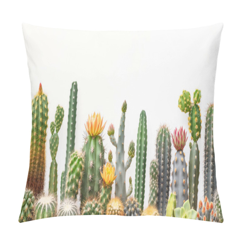 Personality  Assorted Cacti With Blooming Flowers Against A White Background. Illustration By Generative Ai Pillow Covers