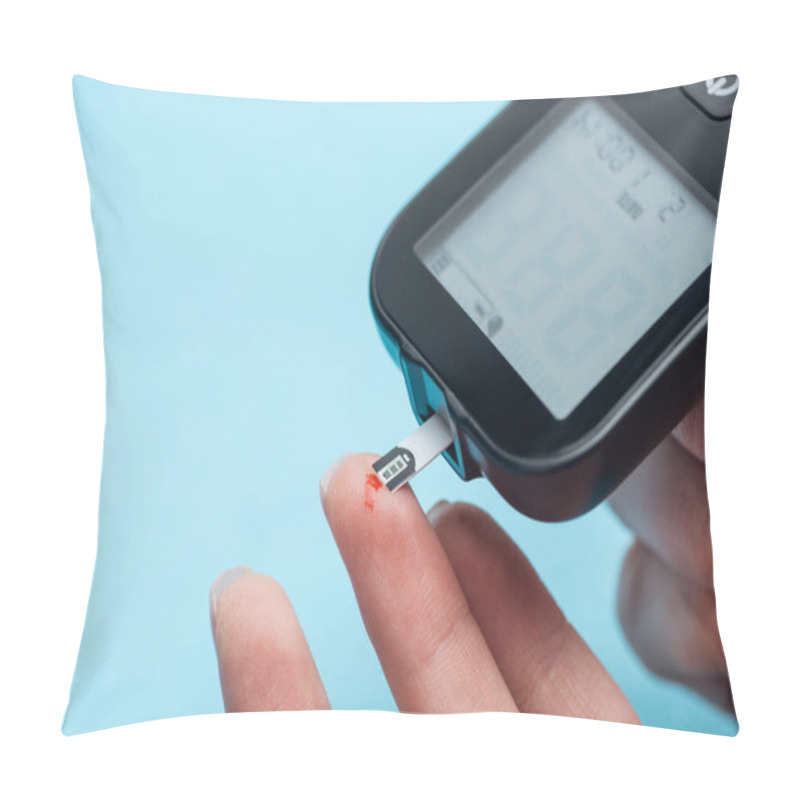 Personality  Partial View Of Female Fingers Testing Glucose Level With Glucometer Isolated On Blue Background Pillow Covers