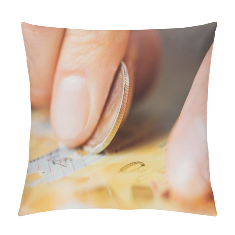 Personality  Close Up View Of Silver Coin In Hand Of Gambler Scratching Lottery Ticket Pillow Covers