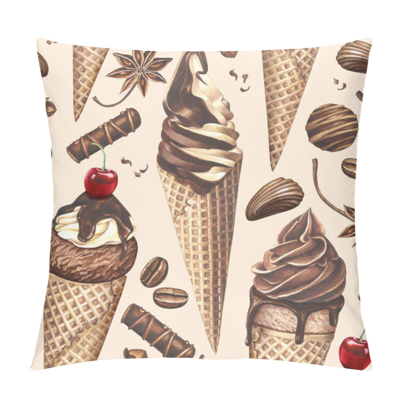 Personality  Watercolor Pattern With Ice Cream, Candies, Coffee Beans And Spices On Beige Background. Pillow Covers