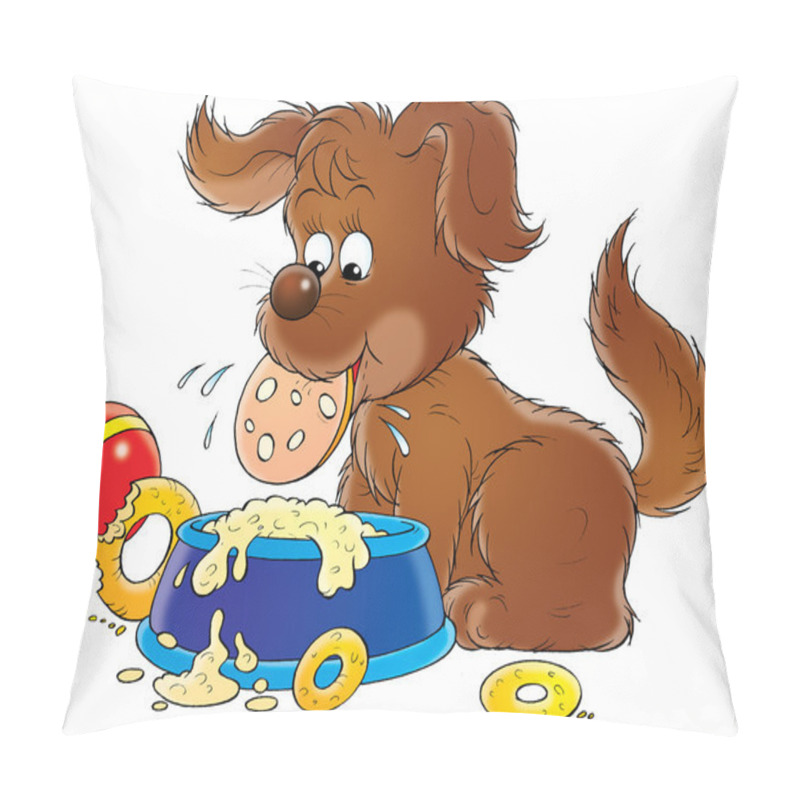 Personality  Hungry Puppy Eating A Slice Of Sausage Over A Dish. Pillow Covers