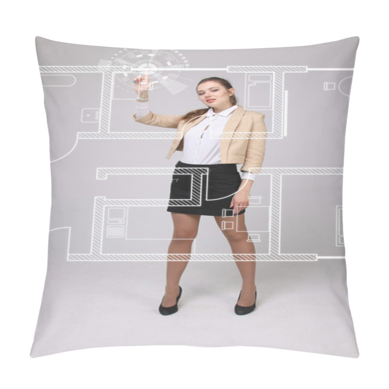 Personality  Female Architect Working With A Virtual Apartment Plan Pillow Covers