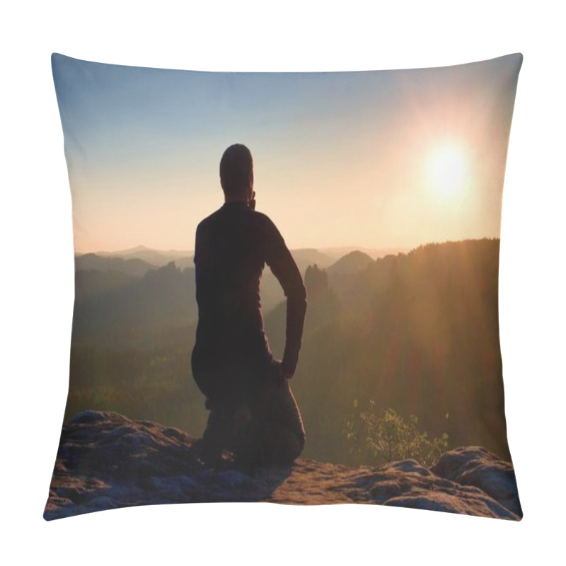 Personality  Sportsmann Hiker In Black Sportswear Sit On Mountain Top And Take A Rest. Tourist  Watch Down To Morning Misty Valley. Pillow Covers