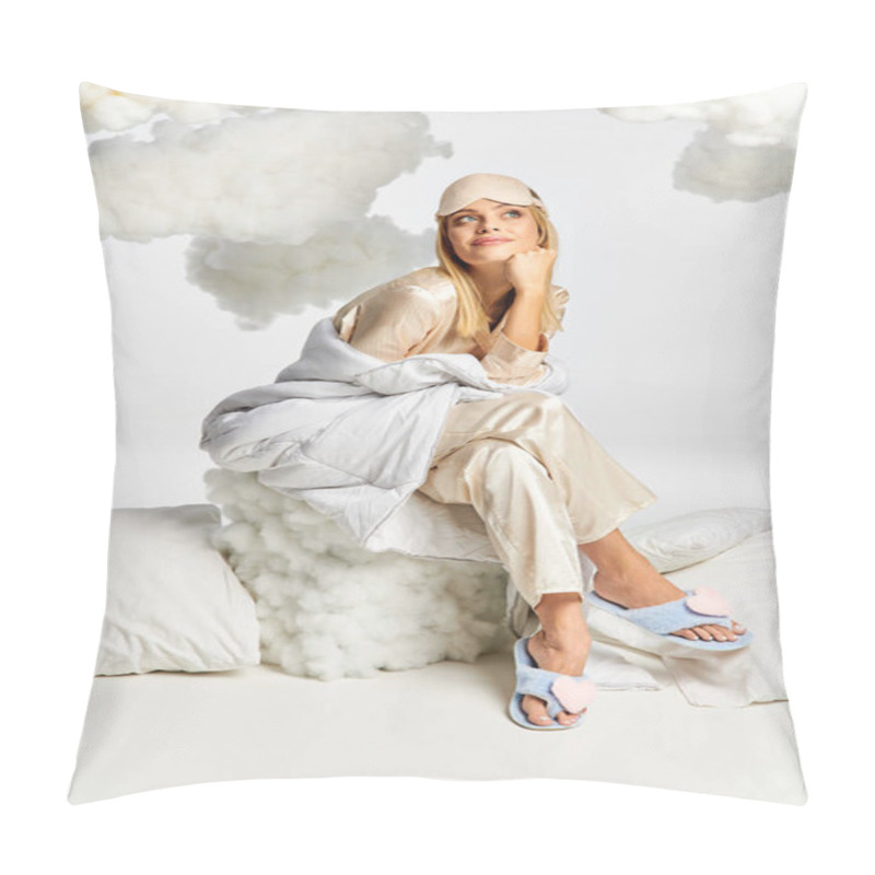 Personality  Beautiful Blonde Woman In Cozy Pyjamas Sitting On Pillow. Pillow Covers