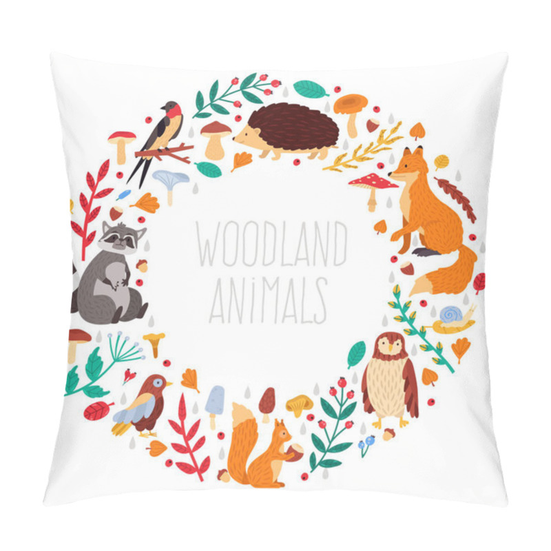 Personality  Autumn Animals Wreath. Cute Cartoon Autumn Animals, Leaves And Mushrooms, Woodland Birds And Animals Wreath Vector Illustration Icons Set Pillow Covers