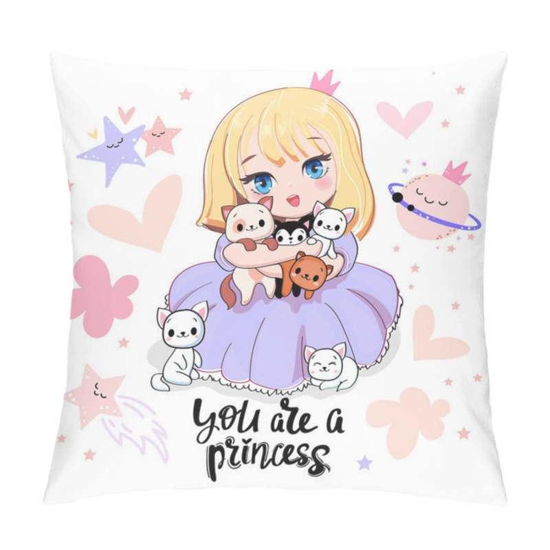 Personality  Cute Cartoon Anime Girl With Little Kittens. Little Princess In Kawaii Style. Vector Illustration Print For T-shirt Pillow Covers