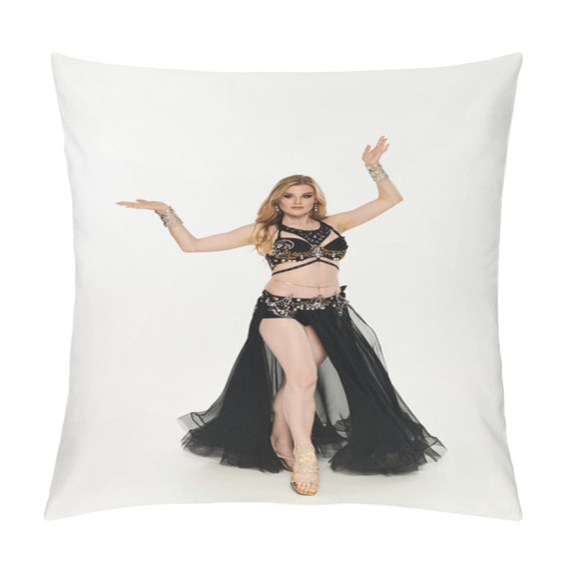 Personality  Young Woman In Elegant Attire Performing Captivating Belly Dance. Pillow Covers