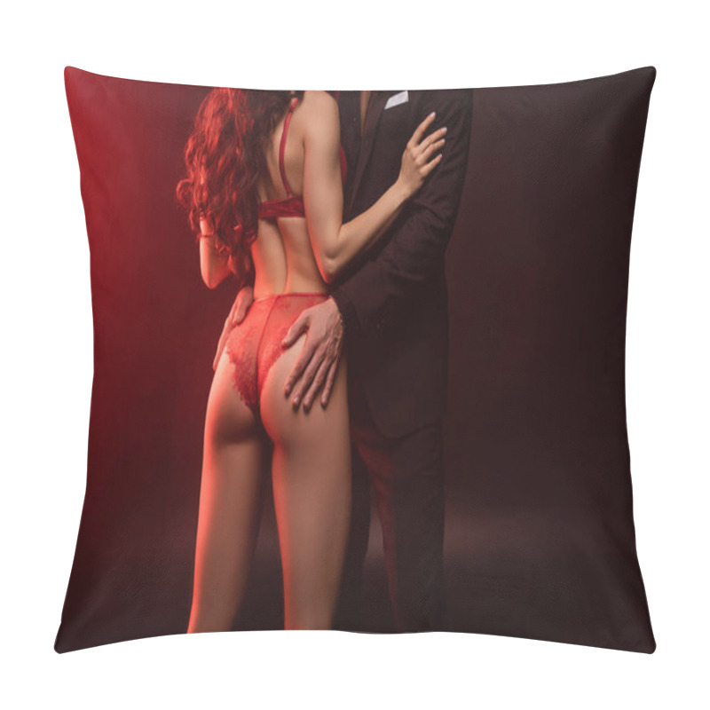 Personality  Cropped View Of Intimate Couple Hugging On Black With Red Light Pillow Covers