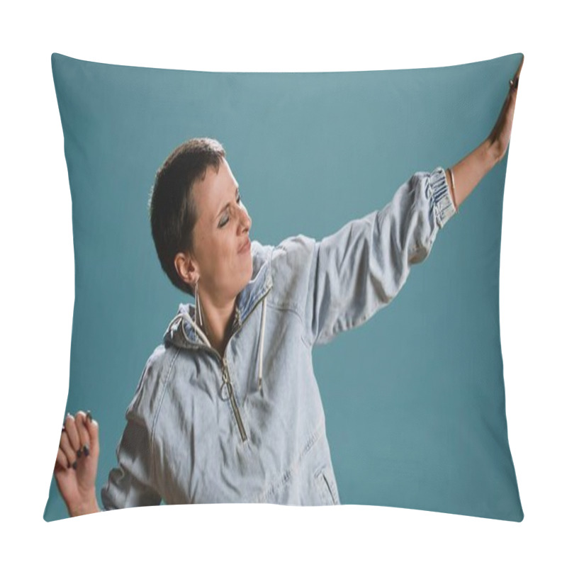 Personality  Funny Confident Stylish Woman Showing Groovy Dance Moves Against Blue Background, Feeling Pleased With Herself And Her Talent. Silly Bold Edgy Adult Fooling Around In The Studio. Camera A. Pillow Covers