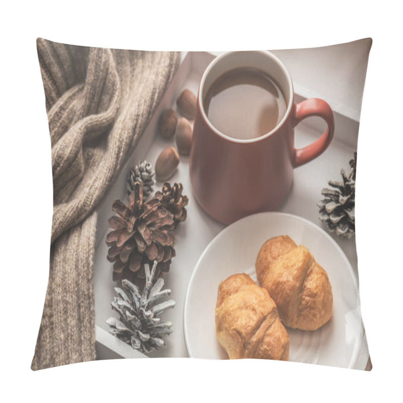 Personality  White Tray With Coffee And Croissants And A Knitted Scarf On The Windowsill. Cozy Winter Composition. Pillow Covers