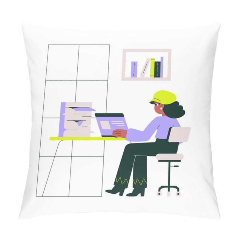 Personality  Office Worker Sitting At A Desk With A Stack Of Documents And A Laptop. Flat Vector Illustration About Business Productivity, Organization, And Work Efficiency Isolated On White Background. Pillow Covers