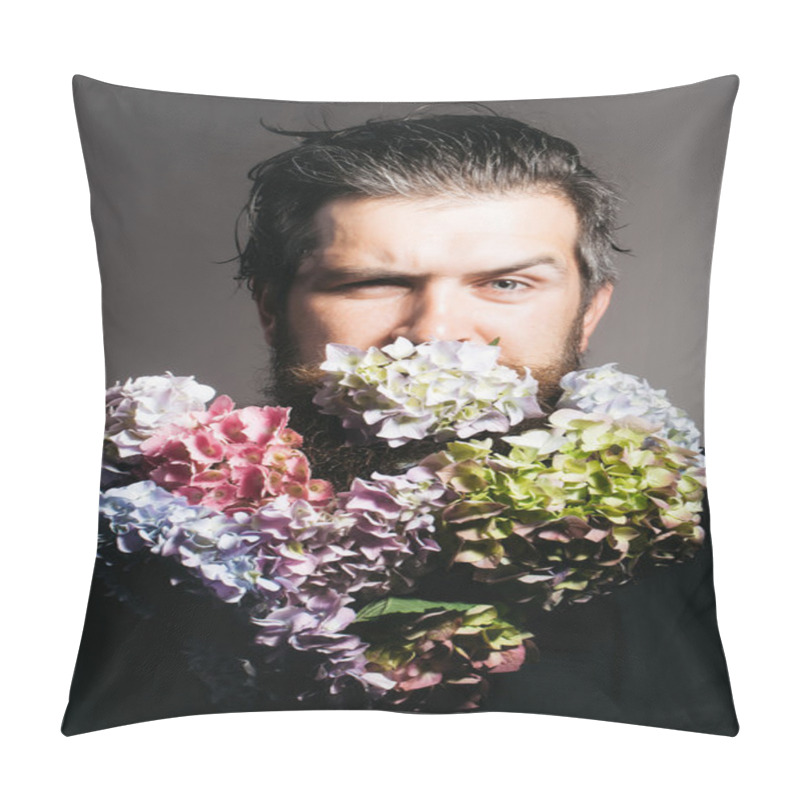 Personality  Bearded Man With Hydrangea Flowers Pillow Covers