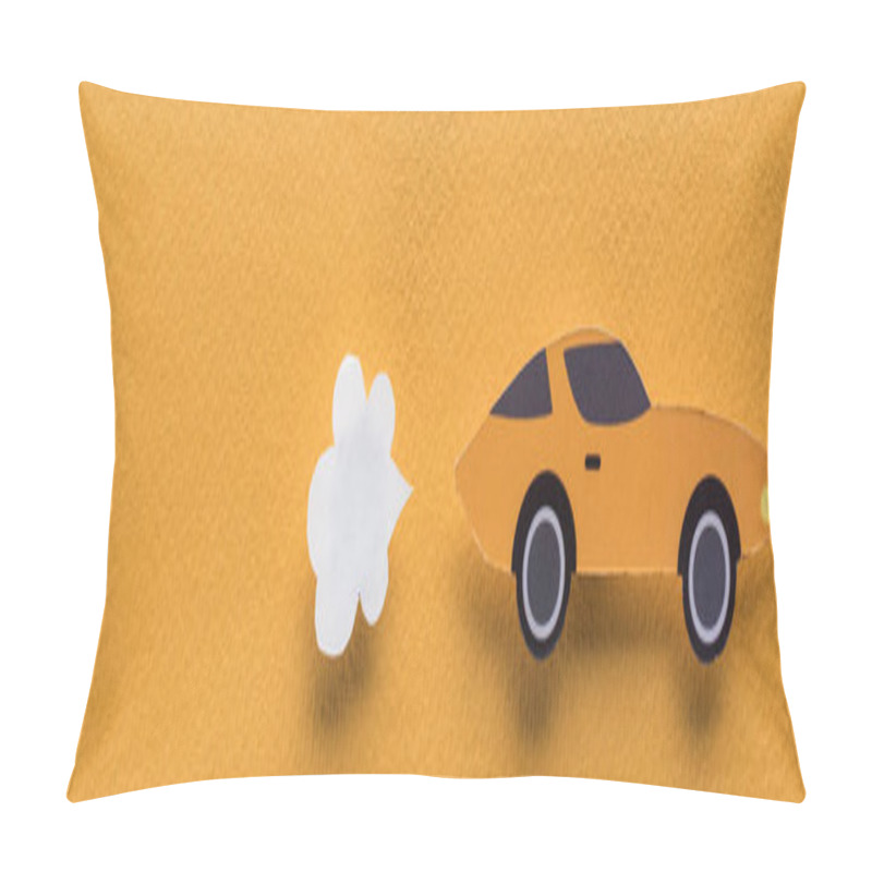 Personality  Top View Of Paper Cut Sports Car With Exhaust Gas On Orange Background, Car Rent Concept, Panoramic Shot Pillow Covers