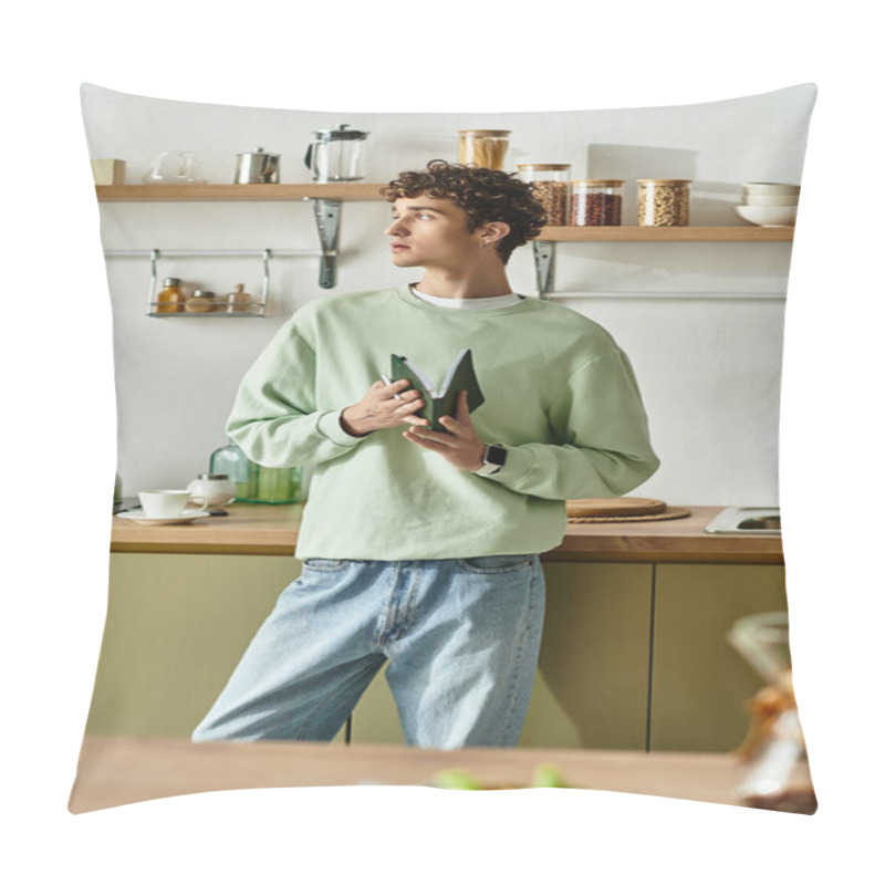 Personality  The Handsome Young Man In A Cozy Kitchen Contemplates While Holding Fresh Green Vegetables, Exuding Creativity. Pillow Covers