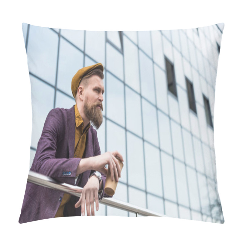 Personality  Stylish Bearded Businessman Holding Coffee Cup By Modern Building Pillow Covers