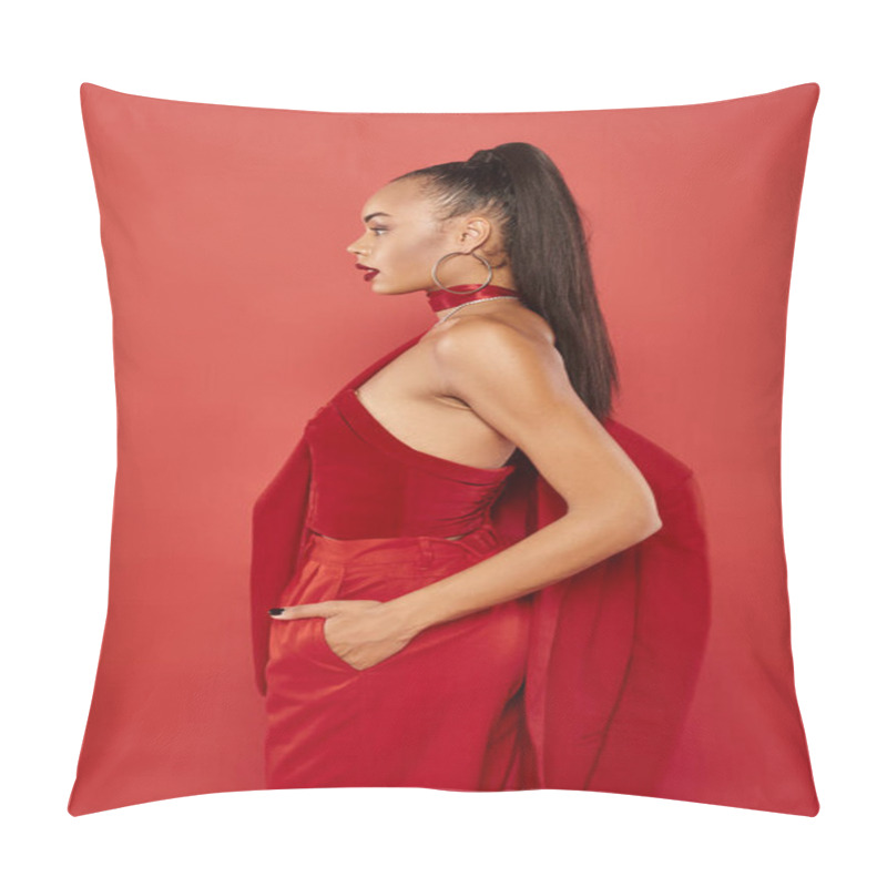 Personality  Side View Of Elegant African American Woman With Ponytail Posing In Red Suit With Hand In Pocket Pillow Covers