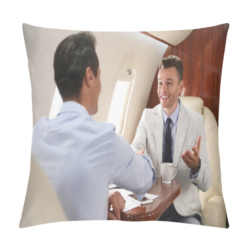 Personality  Young People Shaking Hands After Bargaining On Plane. Business Deal Pillow Covers