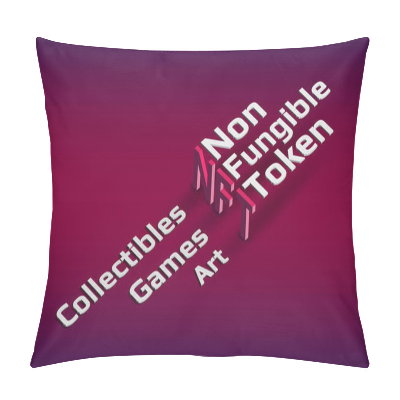 Personality  NFT Nonfungible Token Isometric Text On Dark Red Background. New Class Of Coins. Pay For Unique Collectibles In Games Or Art. Design Element. Vector Illustration. Pillow Covers