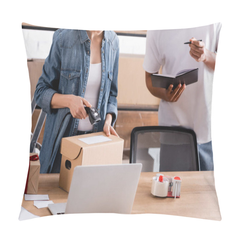 Personality  Cropped View Of Seller Scanning Package Near Laptop And African American Colleague With Notebook In Online Web Store  Pillow Covers