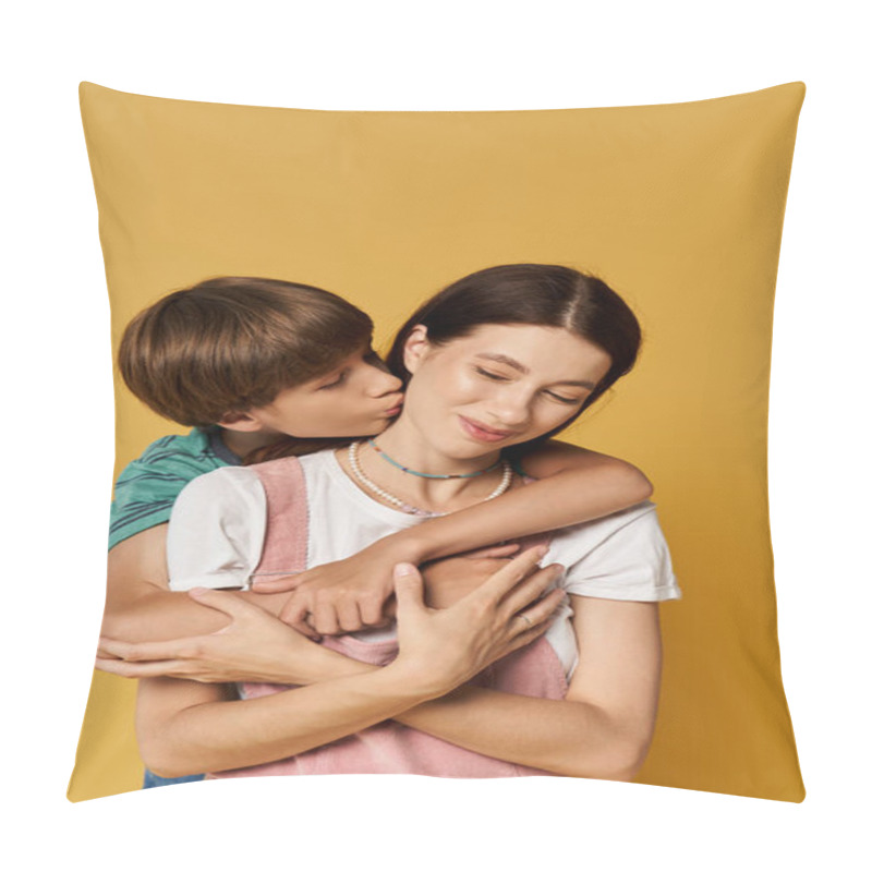 Personality  A Young Mother Embraces Her Son, Who Kisses Her Cheek In A Joyful Display Of Affection. Pillow Covers