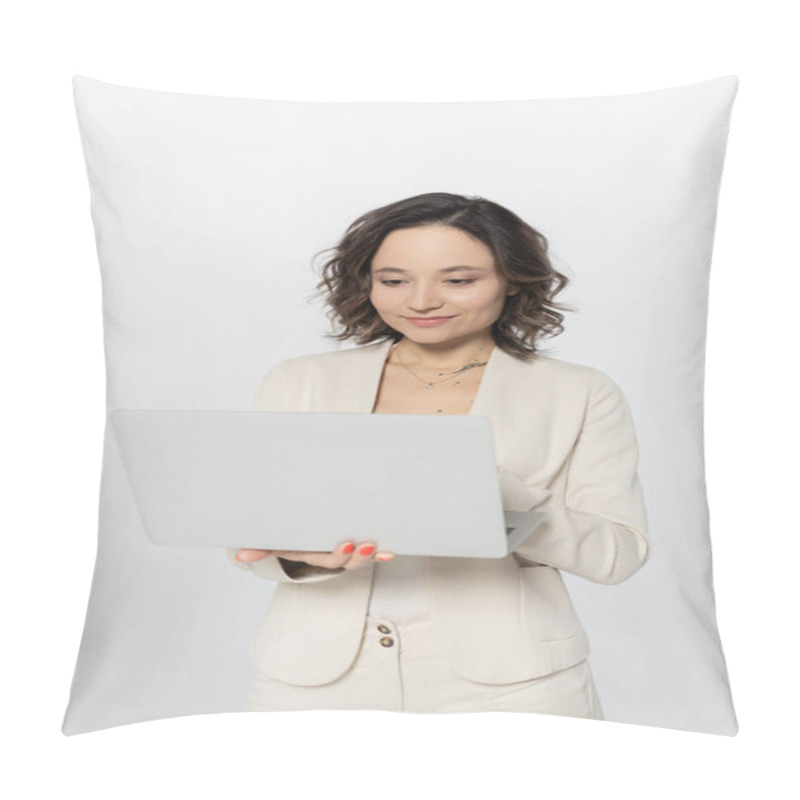 Personality  Businesswoman Using Laptop While Standing Isolated On Grey  Pillow Covers