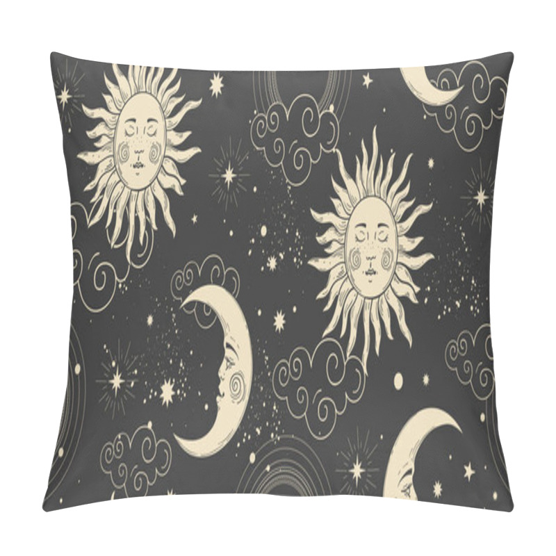 Personality  Celestial Seamless Pattern With Sun And Moon Face, Clouds And Stars On The Black Night Sky. Pattern For Tarot, Astrology, Vector Boho Background For The Zodiac. Wallpaper, Wrapping Paper For Pillow Covers