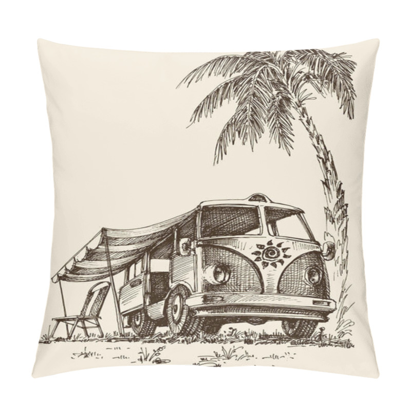 Personality  Surf Van On The Beach Under The Palm Tree Pillow Covers