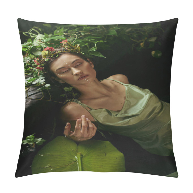 Personality  A Woman In A Green Dress Lies Asleep Amidst Lush Greenery Near A Swamp. Pillow Covers