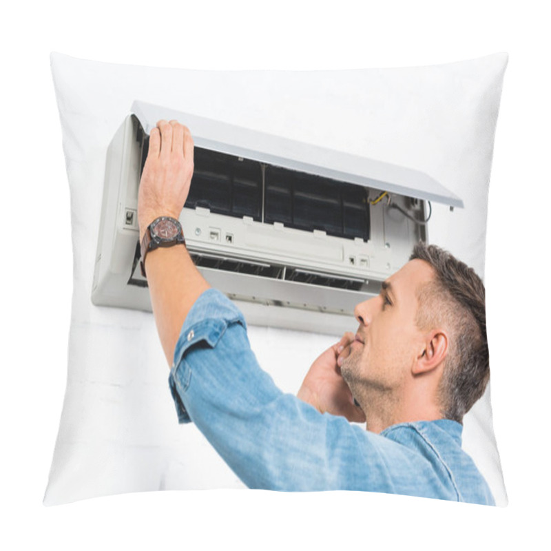 Personality  Handsome Man Talking On Smartphone While Repairing Air Conditioner  Pillow Covers